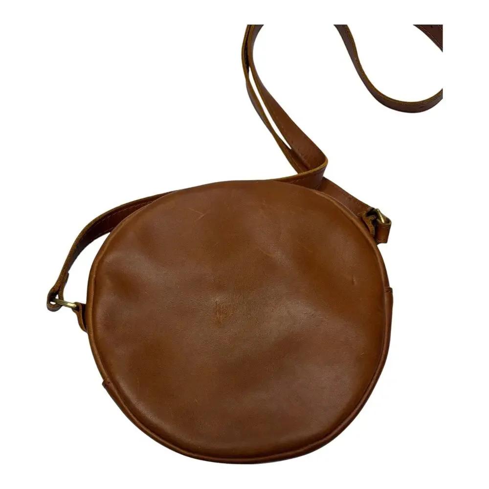Portland Leather Brown Round Crossbody Bag Shoulderbag Purse W/Adjustable Strap